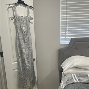 Silver Sequin Off-Shoulder Gown